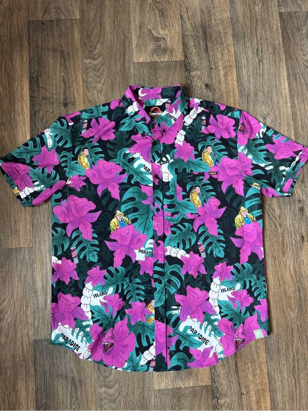RSVLTS Jurassic Park Kunuflex Men 2XL Floral Hawaiian Stretch Button-Down Shirt